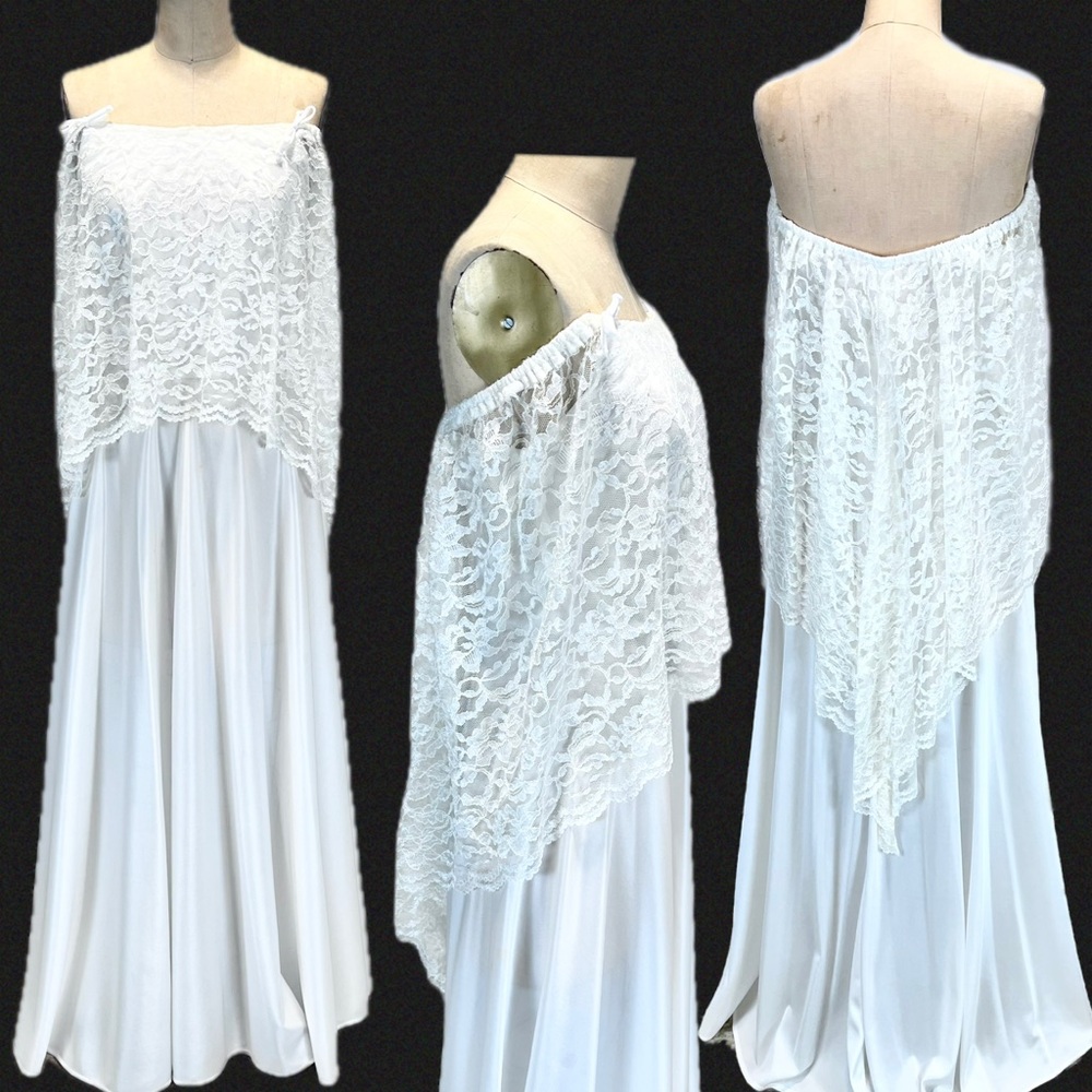VINTAGE 60s 70s lace waterfall train wedding gown formalโ dress off shoulder